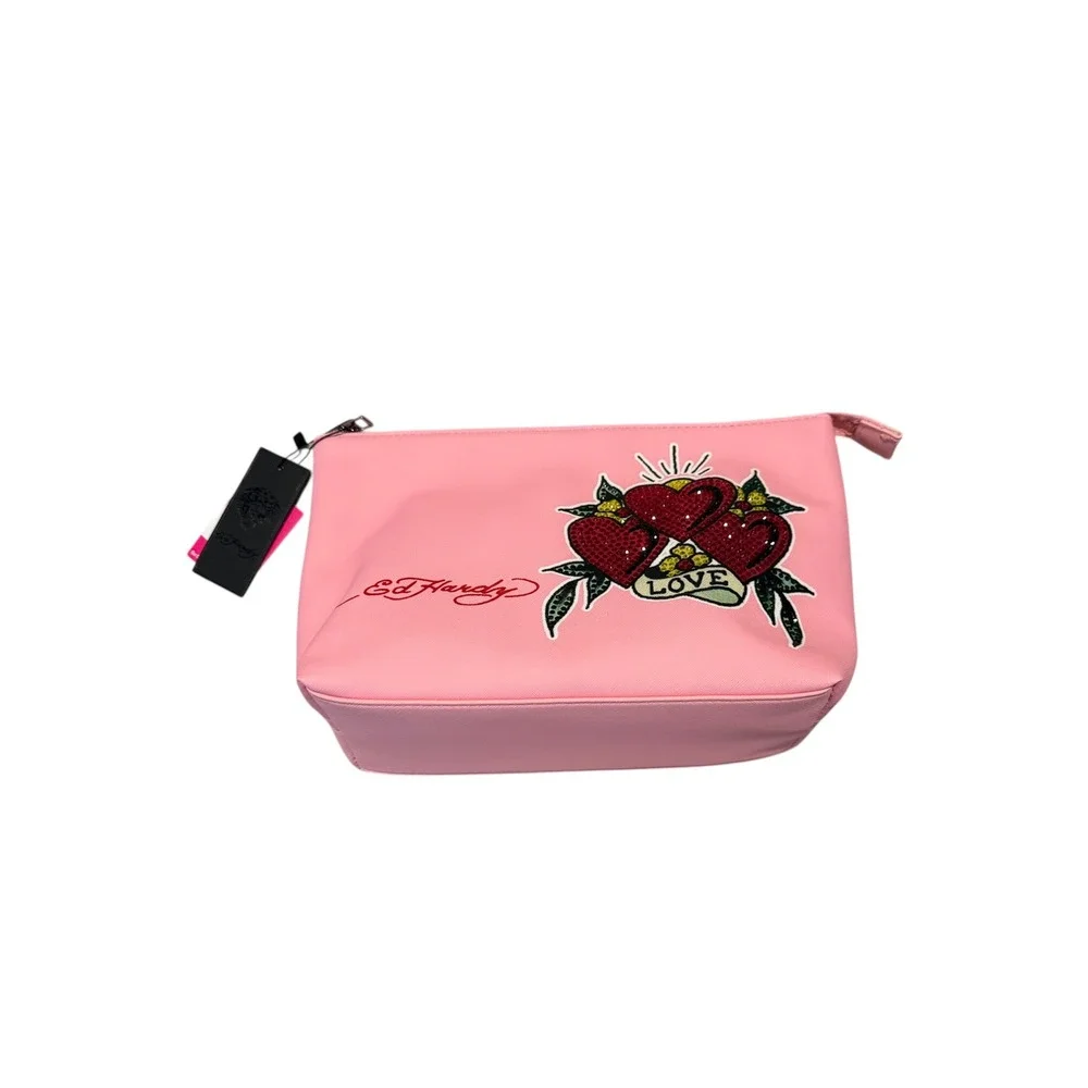 Ed Hardy Pink Cosmetic Bag Tattoo Hearts Love Graphic Zip Pouch‎ NEW